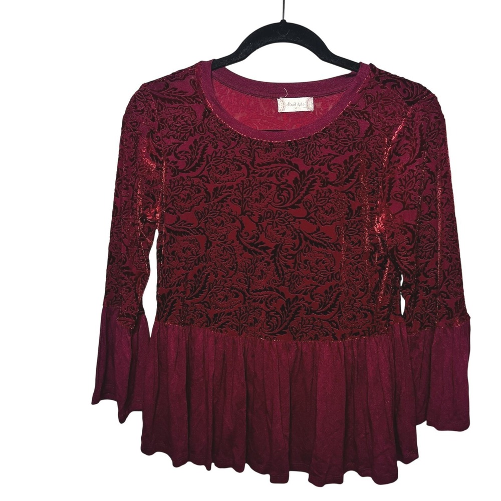 Altar'd State Womens Medium Top Burgundy Velvet Burnout Peplum Bell Sleeve‎ Vamp